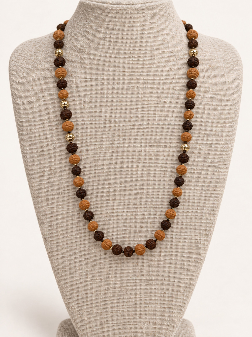 βοΈ Carved Vintage Bead Necklace | Boho Statement | Tan Brown Gold-Tone π